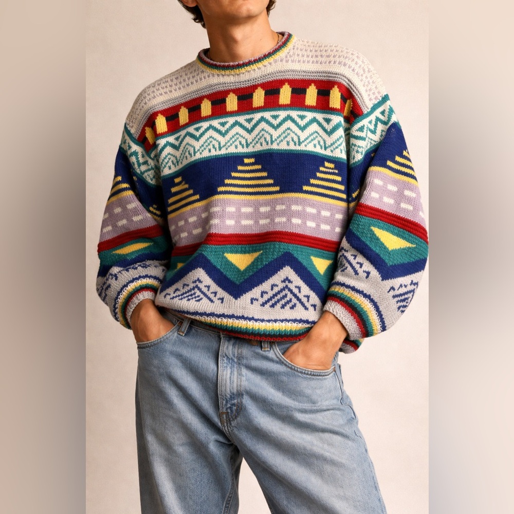 Vintage Alfonso Pozo Multicolor Geometric Chunky Knit Sweater Size M/L